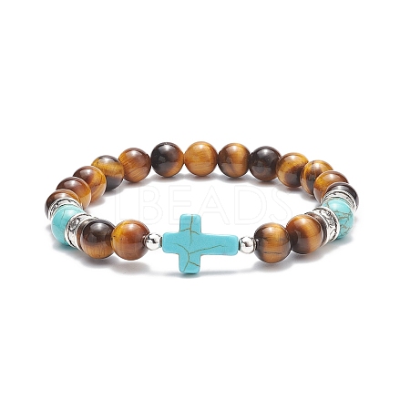 Natural Tiger Eye & Synthetic Turquoise(Dyed) Cross Beaded Bracelet BJEW-TA00179-01-1