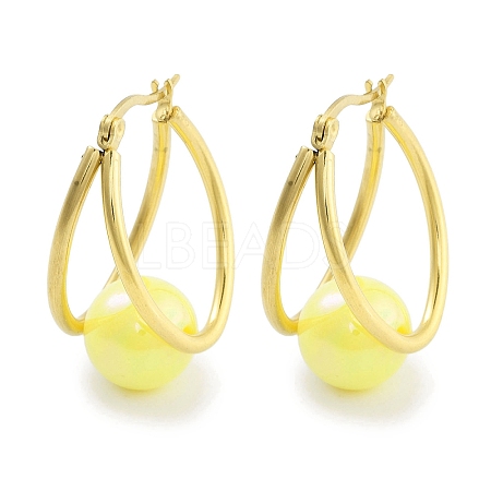 Ion Plating(IP) 304 Stainless Steel & Plastic Imitation Pearl Oval with Ball Hoop Earrings for Women EJEW-C096-13G-04-1