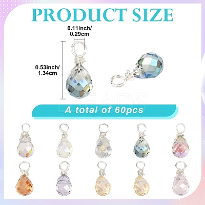 60Pcs 10 Style Glass Teardrop Pendants PALLOY-YW00137-1