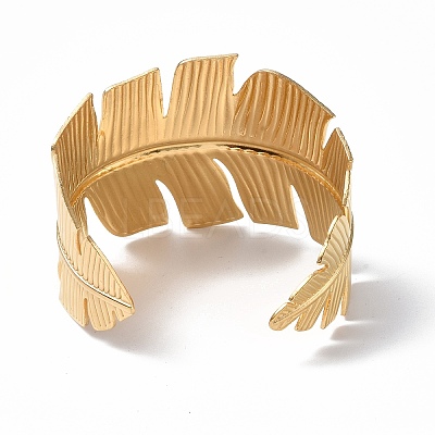 Ion Plating(IP) 304 Stainless Steel Feather Open Cuff Bangle for Women BJEW-F442-01G-1