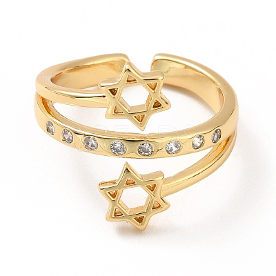 Clear Cubic Zirconia Star of David Cuff Ring RJEW-M142-03G-1