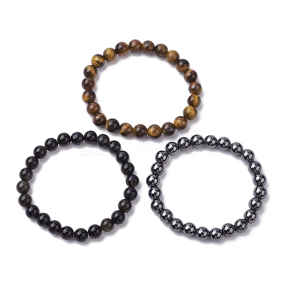 3Pcs 3 Styles Natural & Synthetic Mixed Gemstone Round Beaded Stretch Bracelets Set BJEW-JB10139-05-1