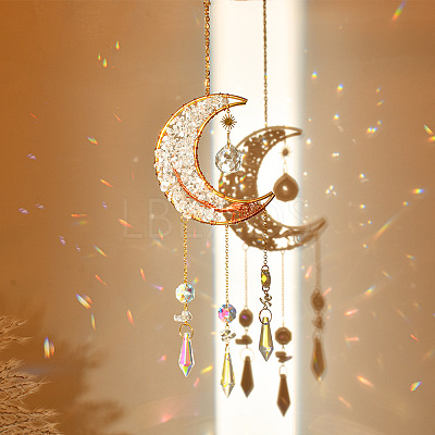 Natural Rose Quartz Chip & Brass Moon Hanging Suncatcher Pendant Decoration PW23041122417-1