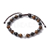 Natural Tiger Eye & Obsidian Round & Brass Cross Braided Bead Bracelets BJEW-JB09704-01-1