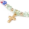 Millefiori Glass Beaded Stretch Bracelet with 304 Stainless Steel Cross Charm for Women BJEW-JB08521-5