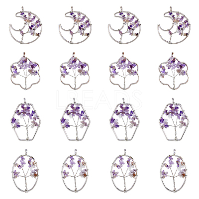 8Pcs 4 Styles Flower & Moon & Oval & Hexagon Natural Amethyst Copper Wire Wrapped Chip Big Pendants G-DC0001-26-1