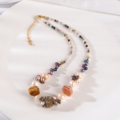 Natural Freshwater Pearl & Natural Tourmaline Nuggets Graduated Beaded Necklaces FS-WG30C53-01-1