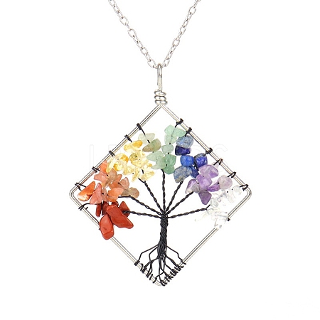 Natural Mixed Stone Chips Beaded Tree of Life Pendant Necklaces PW-WG77098-01-1