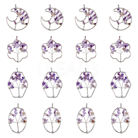 8Pcs 4 Styles Flower & Moon & Oval & Hexagon Natural Amethyst Copper Wire Wrapped Chip Big Pendants G-DC0001-26-1