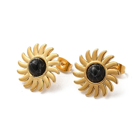 Natural Black Stone Sun Stud Earrings EJEW-D075-01D-G-1