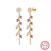 Natural Lepidolite & Natural Freshwater Pearl & 925 Sterling Silver Leaf Dangle Stud Earrings for Women EJEW-G412-02G-1