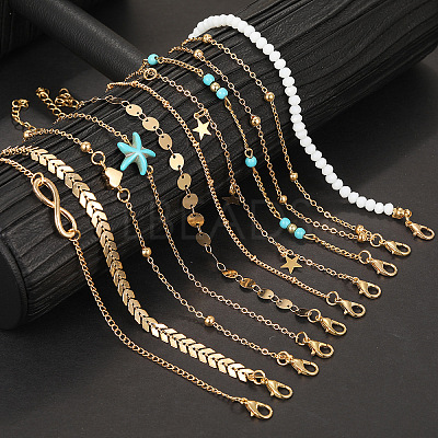10Pcs Beach Style Alloy & Synthetic Turquoise & Resin Link Anklets WGF01BA-01-1