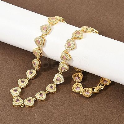 Brass Pave Pink Cubic Zirconia Heart Tennis Necklaces KK-CBA4547-17B-G-1