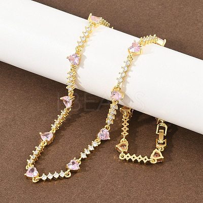 Brass Pave Pink Cubic Zirconia Heart Link Chain Necklaces KK-CBA4547-16A-G-1