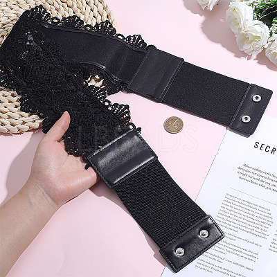 1Pc Polyester Flower Lace and PU Leather Elastic Waist Belts with Plastic Clasps for Women AJEW-HY0003-45-1