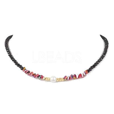 Shell Pearl & Faceted Round Black Glass Beaded Necklaces NJEW-JN05455-1