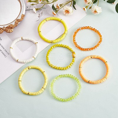 7Pcs 7 Style Handmade Polymer Clay Heishi Surfer Stretch Bracelets Set BJEW-SW00073-02-1