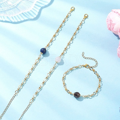 3Pcs Natural Rose Quartz & Tiger Eye & Lapis Lazuli & Brass Link Chain Bracelet Sets BJEW-JB12646-1