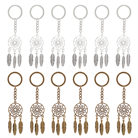 12Pcs 2 Colors Woven Net/Web with Feather Pendant Alloy Keychain KEYC-NB0001-58-1