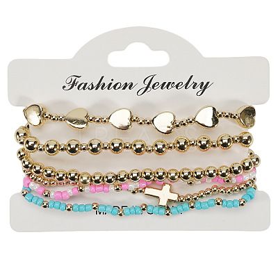 Glass & CCB Plastic Beaded Stretch Bracelets Set FS-WG21267-02-1