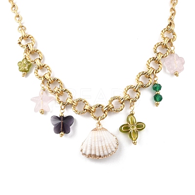 Electroplated Natural Shell & Glass Flower Butterfly Pendant 304 Staniless Steel Chain Necklaces for Women NJEW-A063-14G-1