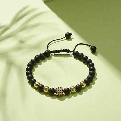 Natural Obsidian & Synthetic Hematite Braided Bead Bracelet with Cubic Zirconia BJEW-JB08117-02-1