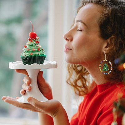 Glass Seed Beaded Ring with Lampwork Christmas Tree Dangle Earrings EJEW-TA00231-1