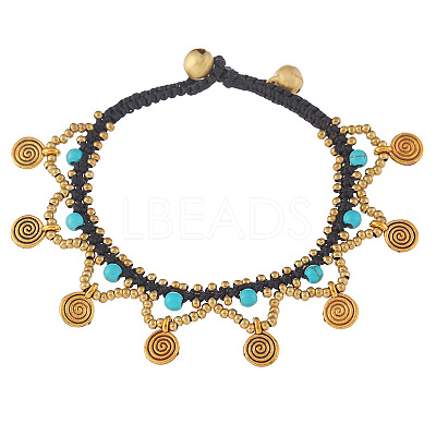 Bohemian Style Alloy Brass Disc Tassel Waxed Cord Anklets for Women FS-WGC5E81-02-1