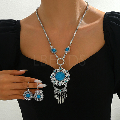 Flower Bohemian Ethnic Style Zinc Alloy & Resin Pendant Necklace & Dangle Earring Sets FS-WGD47C5-01-1