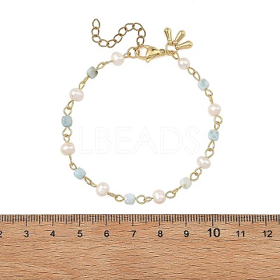Natural Pearl & Larimar Cube Beaded Chain Bracelets for Women BJEW-JB14246-1