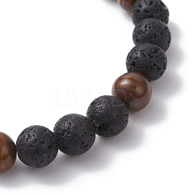 2Pcs 2 Styles Natural Lava Rock & Tiger Eye Round Beaded Stretch Bracelet Sets for Women Men BJEW-JB12248-1