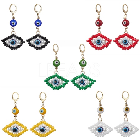 Glass Seed Bead Evil Eye Hoop Earrings EJEW-MZ00272-1