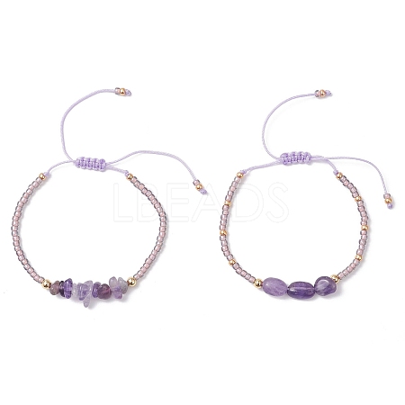 2Pcs Natural Amethyst & Glass Seed Beads Braided Bead Bracelets for Women BJEW-MZ00247-04-1