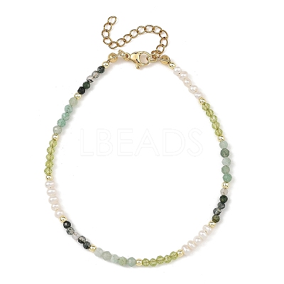 Gradient Faceted Round Natural Moss Agate & Green Aventurine & Potato Natural Pearl Beaded Anklets AJEW-AN00873-01-1