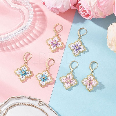 3 Pairs Handmade Glass Seed Beads Flower Leverback Earrings EJEW-MZ00578-1