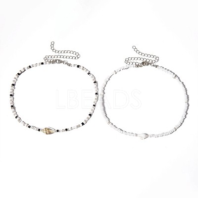 Bohemian Ethnic Style Natural Shell & Glass Seed Beaded Double Layer Choker Necklaces FS-WG063D6-01-1