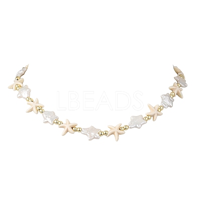 Ocean Synthetic Turquoise Starfish & Natural Baroque Keshi Pearl Star Beaded Necklaces for Women NJEW-JN06314-1
