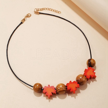 Wooden Round and Maple Leaf Beaded Necklaces with Black Imitation Leather Cord WGC6511-01-1
