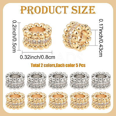 10Pcs 2 Colors Brass Micro Pave Cubic Zirconia European Beads KK-YW0004-30-1