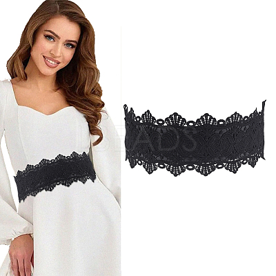1Pc Polyester Flower Lace and PU Leather Elastic Waist Belts with Plastic Clasps for Women AJEW-HY0003-45-1