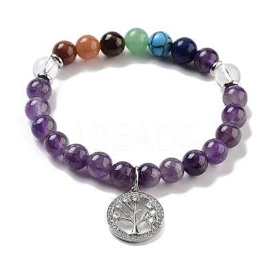 Natural Amethyst Round Beaded Chakra Stretch Bracelets BJEW-K251-01D-1