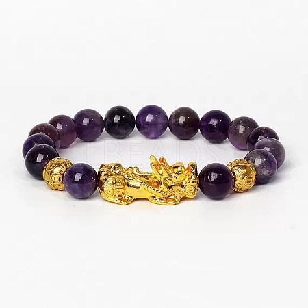 Golden Plated Alloy Pi Xiu 8MM Natural Amethyst Round Beaded Stretch Bracelet for Men QJ0349-6-1