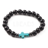 Natural Wood & Synthetic Turquoise & Hematite Corss Beaded Stretch Bracelet BJEW-JB09622-3