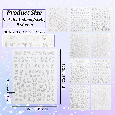 9 Sheets 9 Colors Laser Silver Nail Decals Stickers MRMJ-OC0003-63-1