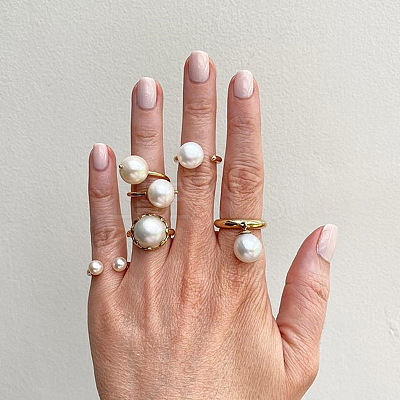 Zinc Alloy & Plastic Imitation Pearl Round Beads Finger Rings Sets WG9DC8A-01-1