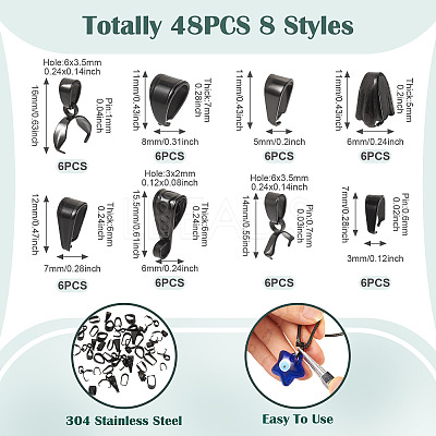 48Pcs 8 Styles 304 Stainless Steel Snap on Bails STAS-TA0003-09-1