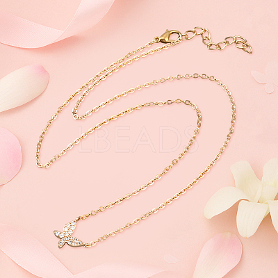 2Pcs 2 Colors Brass Micro Pave Clear Cubic Zirconia Butterfly Pendant Iron Chain Necklaces for Women NJEW-HY0001-20-1