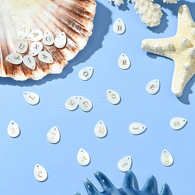 26Pcs 26 Styles Natural Shell Teardrop Charms with Golden Tone Metal Letter Slices SHEL-CJ0001-33-1