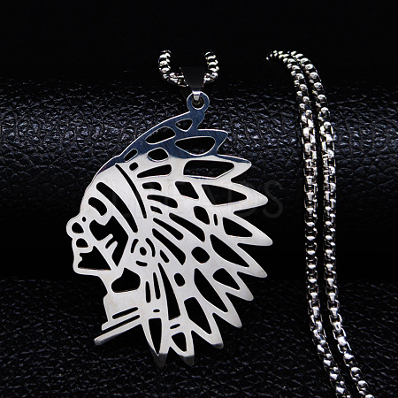 201 Stainless Steel Hollow Cut American Indian Chief Pendant Necklaces LS-NJEW-H065-13P-1