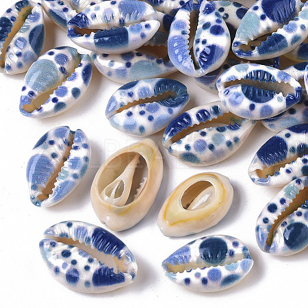 Printed Natural Cowrie Shell Beads X-SSHEL-R047-01-D06-1